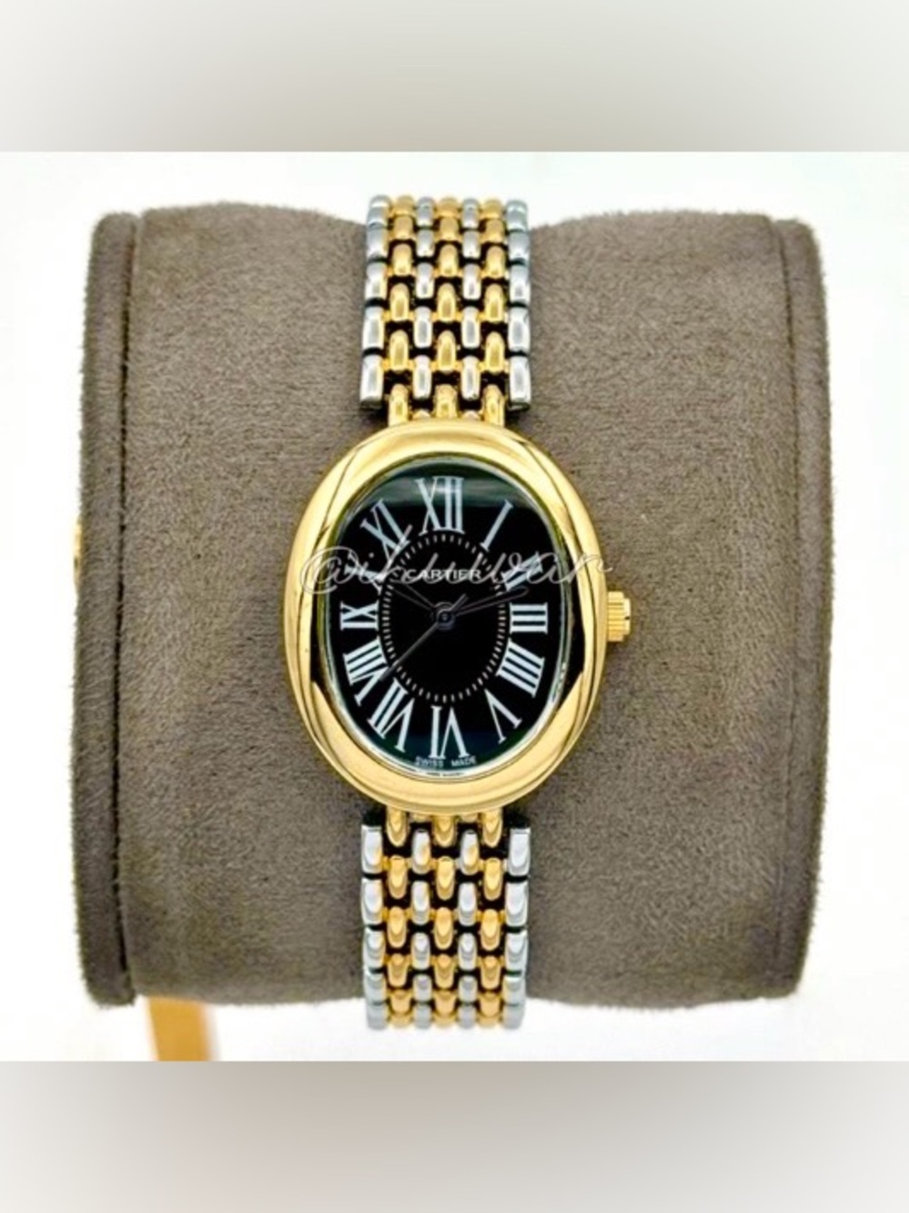 Luxurious Two-Tone Oval Dress Watch With Black Roman Numeral Dial And Mesh Brace